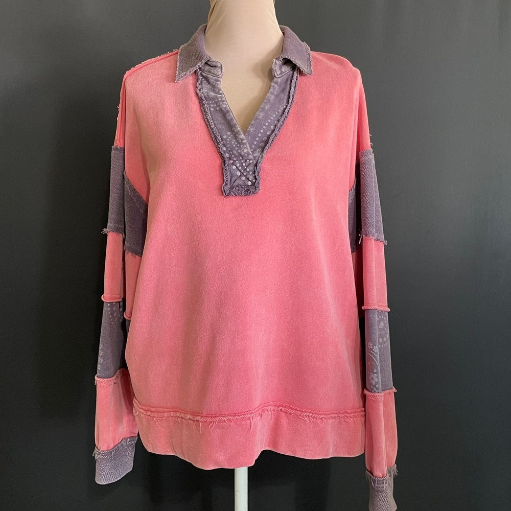 Easel Sweatshirt Women Small Pink Purple Good Patchwork Distressed ET24178 Boho